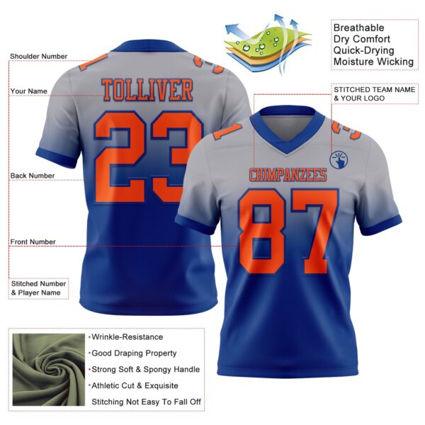 Custom Gray Orange-Royal Authentic Fade Fashion Football Jersey