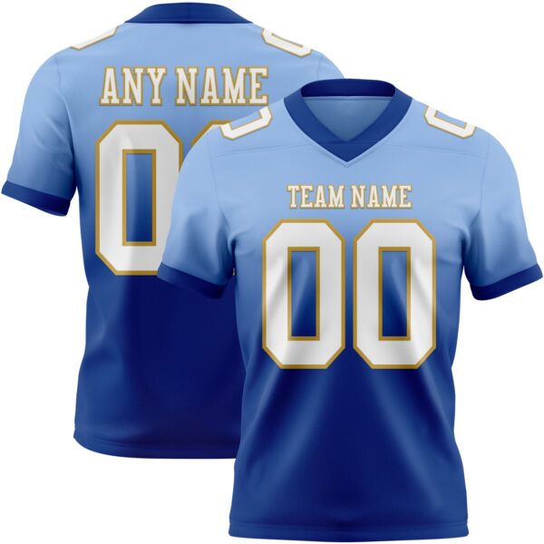 Custom Light Blue White Royal-Old Gold Authentic Fade Fashion Football Jersey