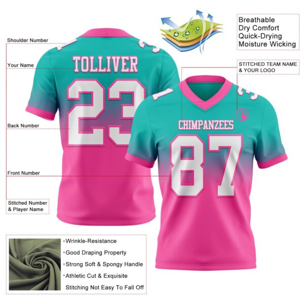 Custom Aqua White-Pink Authentic Fade Fashion Football Jersey