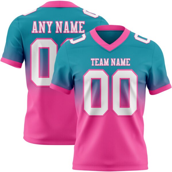 Custom Teal White-Pink Authentic Fade Fashion Football Jersey