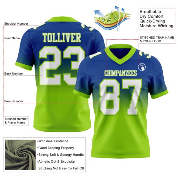 Custom Royal White-Neon Green Authentic Fade Fashion Football Jersey