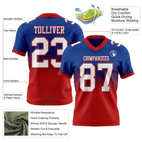 Custom Royal White-Red Authentic Fade Fashion Football Jersey