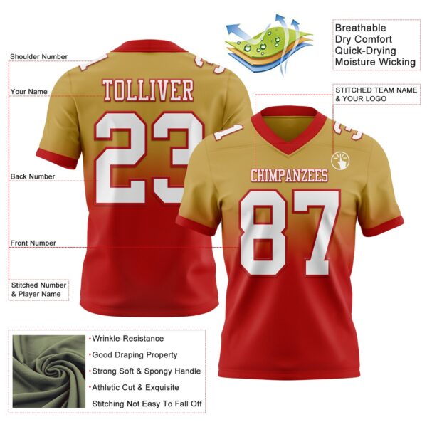 Custom Old Gold White-Red Authentic Fade Fashion Football Jersey