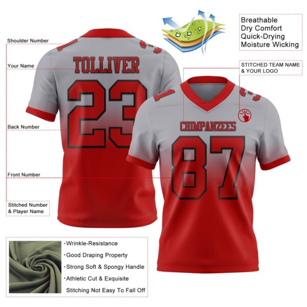 Custom Gray Red-Black Authentic Fade Fashion Football Jersey