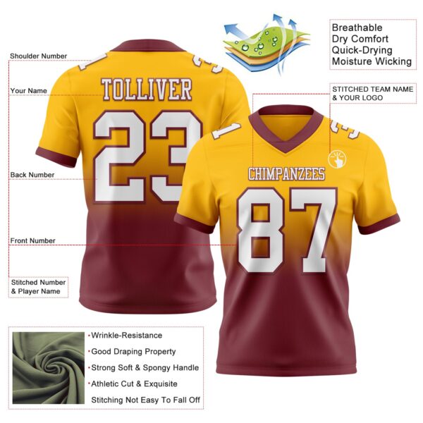Custom Gold White-Burgundy Authentic Fade Fashion Football Jersey