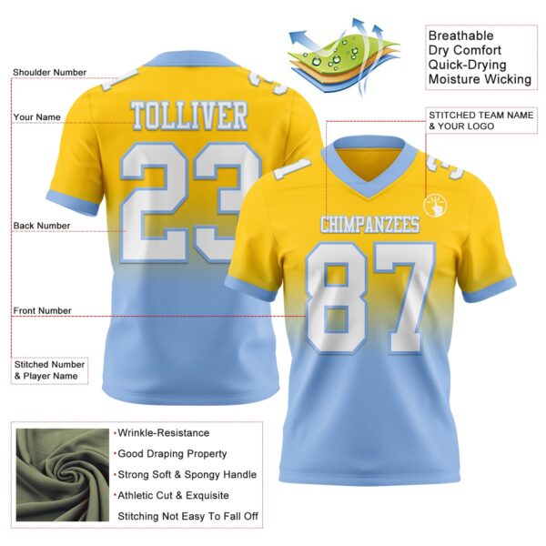 Custom Yellow White-Light Blue Authentic Fade Fashion Football Jersey