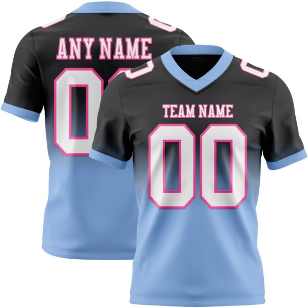 Custom Black White Light Blue-Pink Authentic Fade Fashion Football Jersey