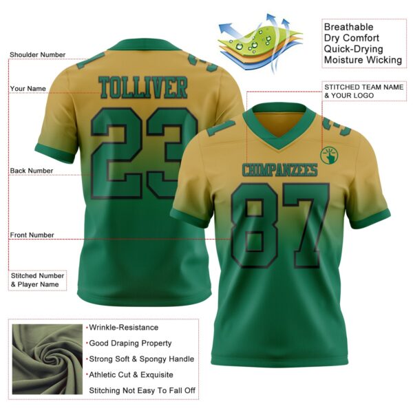 Custom Old Gold Kelly Green-Black Authentic Fade Fashion Football Jersey