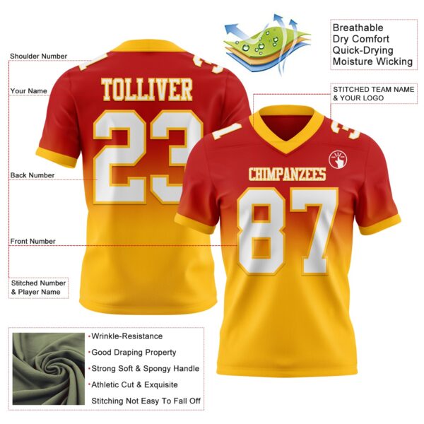 Custom Red White-Gold Authentic Fade Fashion Football Jersey