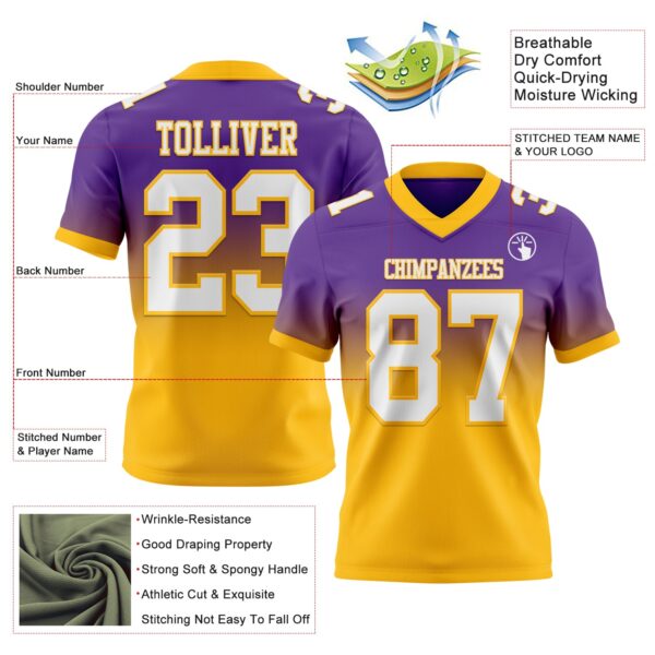 Custom Purple White-Gold Authentic Fade Fashion Football Jersey