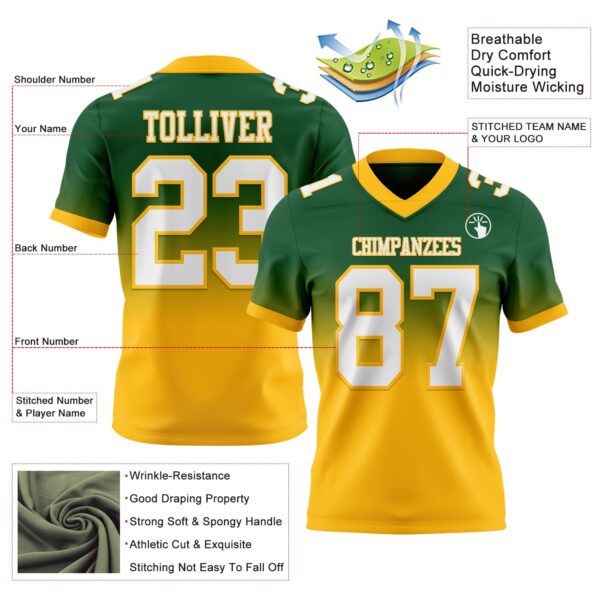 Custom Green White-Gold Authentic Fade Fashion Football Jersey