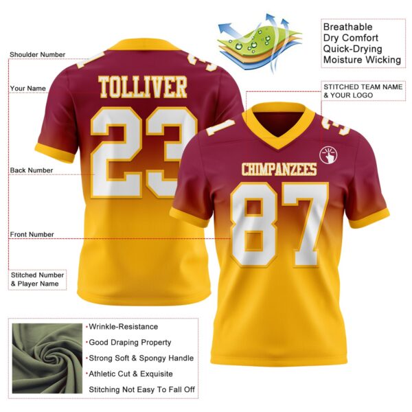 Custom Maroon White-Gold Authentic Fade Fashion Football Jersey