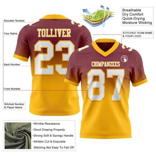 Custom Burgundy White-Gold Authentic Fade Fashion Football Jersey
