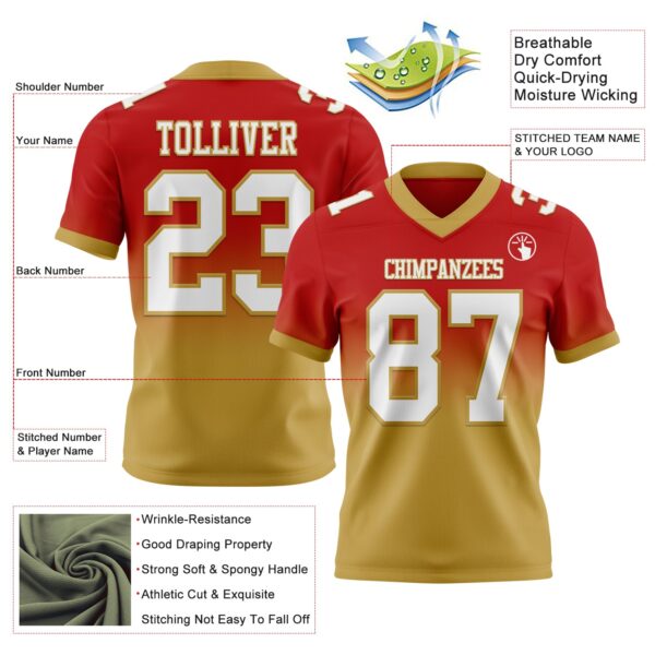 Custom Red White-Old Gold Authentic Fade Fashion Football Jersey
