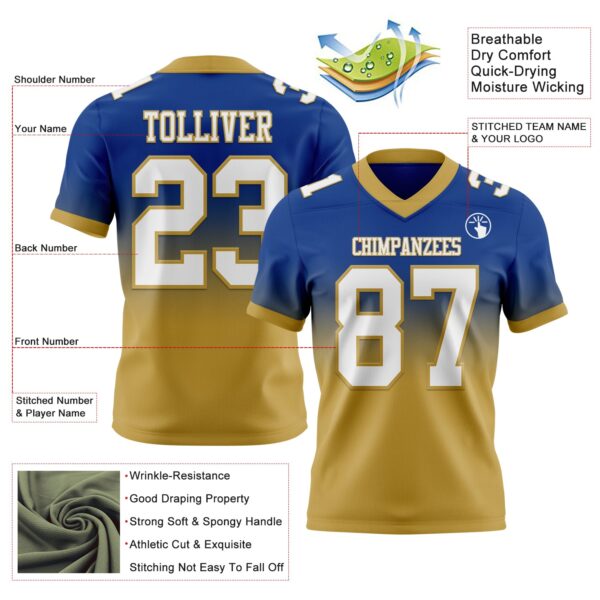 Custom Royal White-Old Gold Authentic Fade Fashion Football Jersey