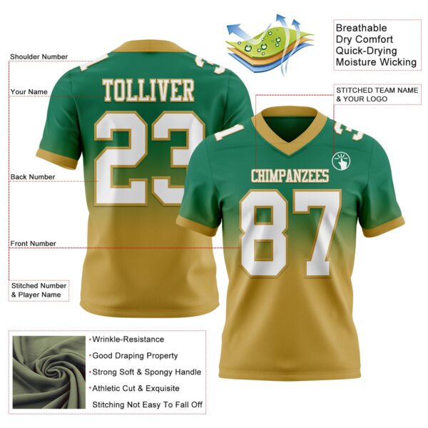Custom Kelly Green White-Old Gold Authentic Fade Fashion Football Jersey