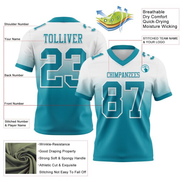 Custom White Teal Authentic Fade Fashion Football Jersey