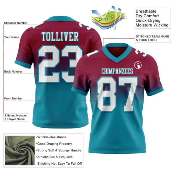 Custom Maroon White-Teal Authentic Fade Fashion Football Jersey