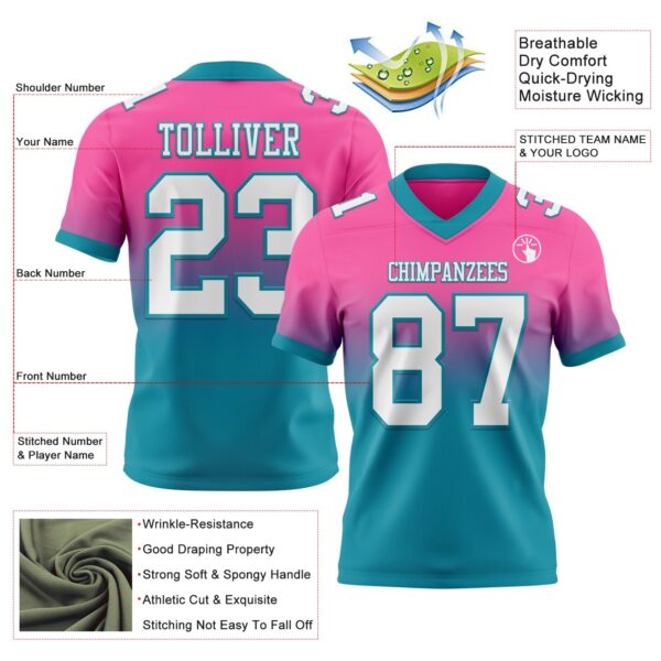 Custom Pink White-Teal Authentic Fade Fashion Football Jersey