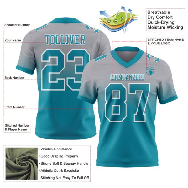 Custom Gray Teal-White Authentic Fade Fashion Football Jersey