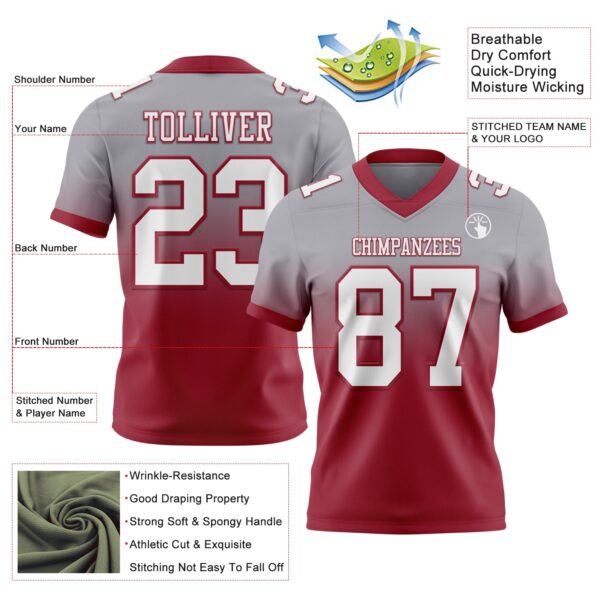 Custom Gray White-Cardinal Authentic Fade Fashion Football Jersey