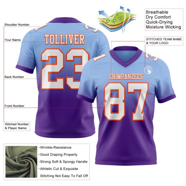 Custom Light Blue White Purple-Orange Authentic Fade Fashion Football Jersey