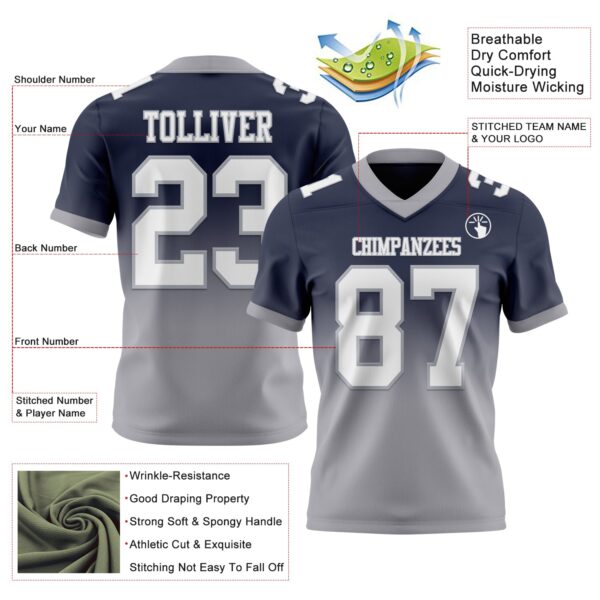Custom Navy White-Gray Authentic Fade Fashion Football Jersey