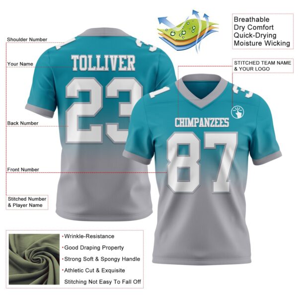 Custom Teal White-Gray Authentic Fade Fashion Football Jersey