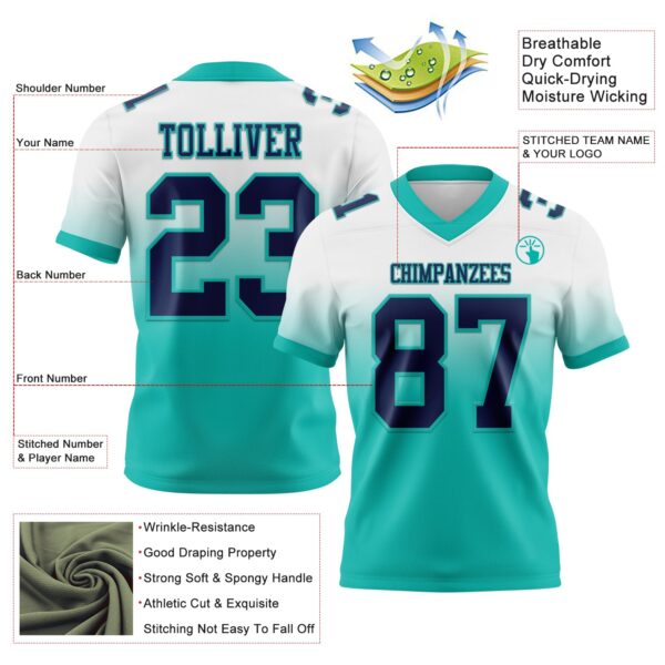 Custom White Navy-Aqua Authentic Fade Fashion Football Jersey