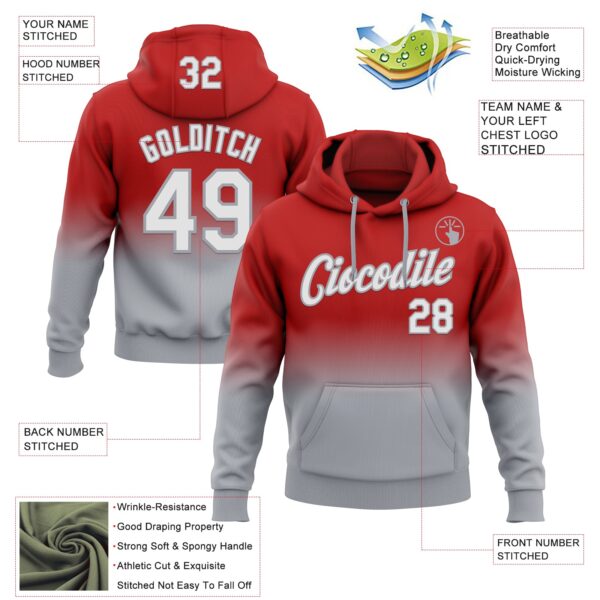 Custom Stitched Red White-Gray Fade Fashion Sports Pullover Sweatshirt Hoodie