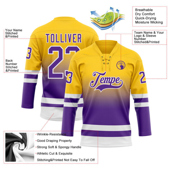Custom Yellow Purple-White Fade Fashion Hockey Lace Neck Jersey