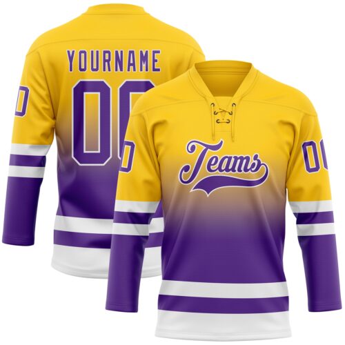 Custom Yellow Purple-White Fade Fashion Hockey Lace Neck Jersey