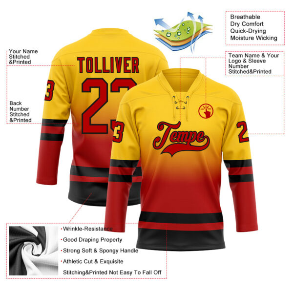 Custom Yellow Red-Black Fade Fashion Hockey Lace Neck Jersey