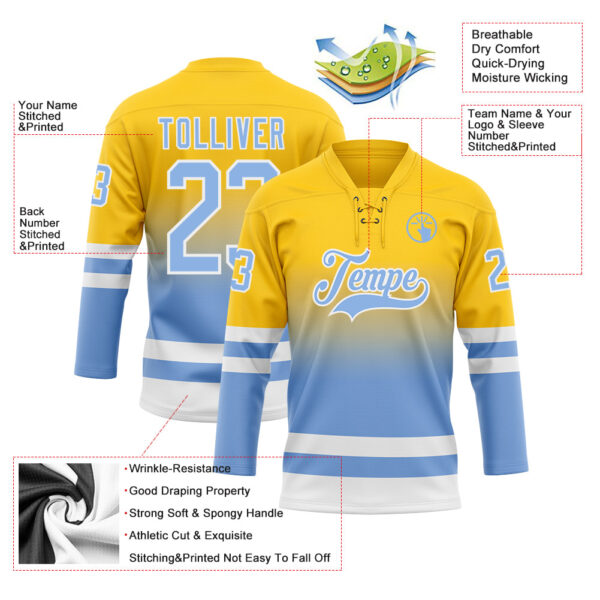 Custom Yellow Light Blue-White Fade Fashion Hockey Lace Neck Jersey