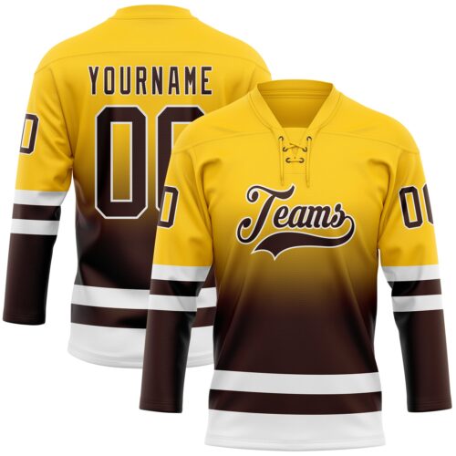Custom Yellow Brown-White Fade Fashion Hockey Lace Neck Jersey
