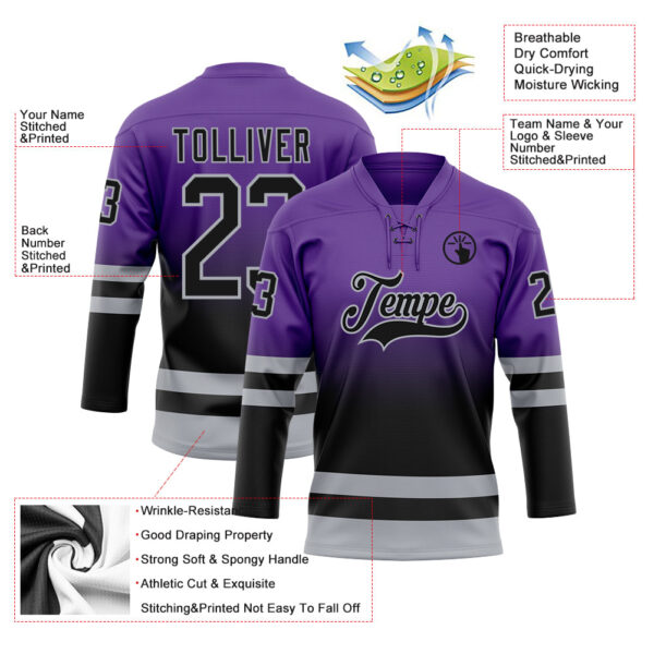 Custom Purple Black-Gray Fade Fashion Hockey Lace Neck Jersey