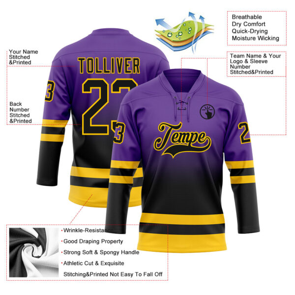 Custom Purple Black-Yellow Fade Fashion Hockey Lace Neck Jersey