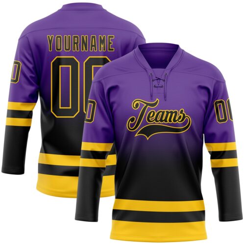 Custom Purple Black-Yellow Fade Fashion Hockey Lace Neck Jersey