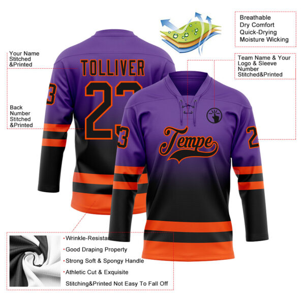 Custom Purple Black-Orange Fade Fashion Hockey Lace Neck Jersey