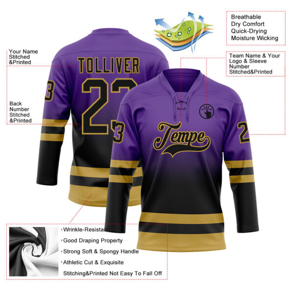 Custom Purple Black-Old Gold Fade Fashion Hockey Lace Neck Jersey
