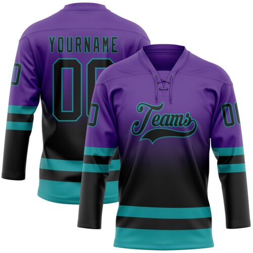 Custom Purple Black-Teal Fade Fashion Hockey Lace Neck Jersey
