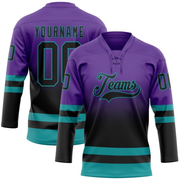 Custom Purple Black-Teal Fade Fashion Hockey Lace Neck Jersey