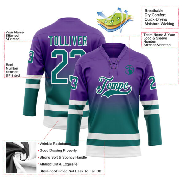 Custom Purple Teal-White Fade Fashion Hockey Lace Neck Jersey