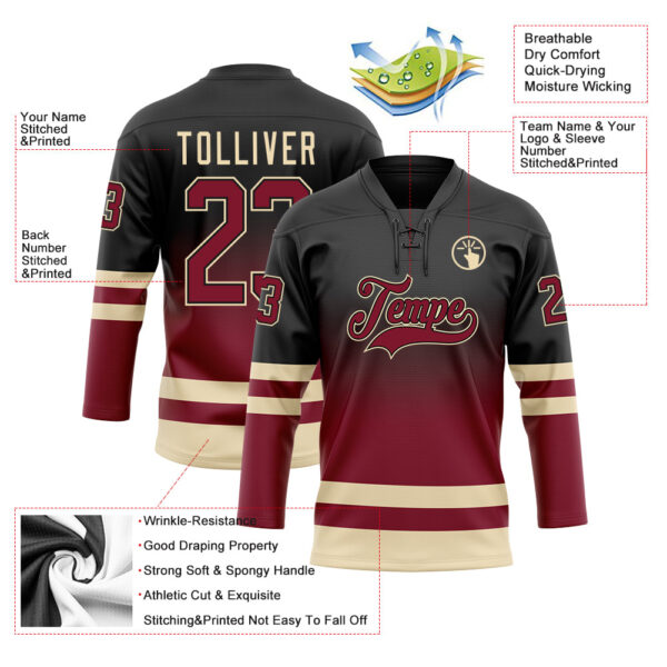 Custom Black Crimson-Cream Fade Fashion Hockey Lace Neck Jersey