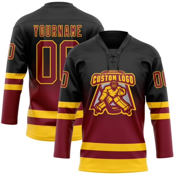 Custom Black Crimson-Yellow Fade Fashion Hockey Lace Neck Jersey