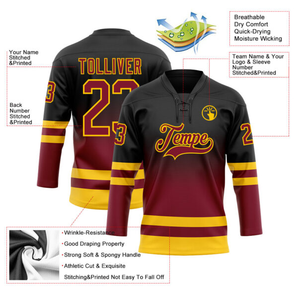 Custom Black Crimson-Yellow Fade Fashion Hockey Lace Neck Jersey