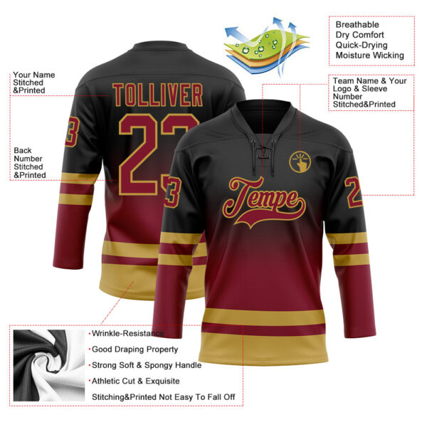 Custom Black Crimson-Old Gold Fade Fashion Hockey Lace Neck Jersey