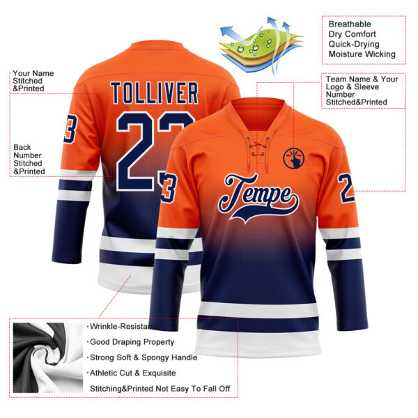 Custom Orange Navy-White Fade Fashion Hockey Lace Neck Jersey