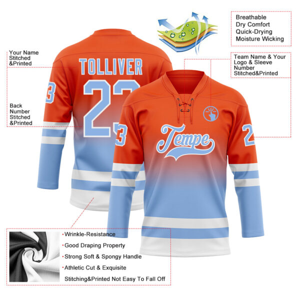 Custom Orange Light Blue-White Fade Fashion Hockey Lace Neck Jersey