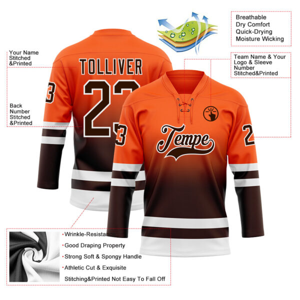 Custom Orange Brown-White Fade Fashion Hockey Lace Neck Jersey